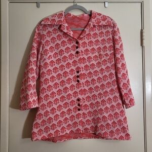 Groovy Vintage 70s Handmade Red Mushroom Print Button-up Tunic Top Half Sleeves